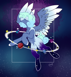 Size: 1768x1922 | Tagged: safe, artist:lechu-zaz, imported from derpibooru, oc, oc only, oc:aqua cloud, pegasus, pony, eyes closed, pegasus oc, planet, space, spread wings, stars, wings