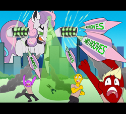 Size: 2500x2253 | Tagged: safe, edit, sweetie belle, pony, robot, unicorn, >no hooves, angry, city, giant pony, macro, magic, missile, missile launcher, running, screaming, sweetie bot
