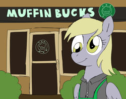 Size: 1000x788 | Tagged: safe, anonymous artist, derpy hooves, pegasus, pony, clothes, drawthread, food, jacket, looking at you, muffin, smiling, starbucks