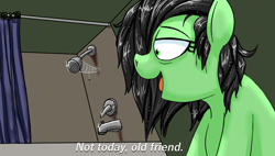 Size: 1000x566 | Tagged: safe, oc, oc:filly anon, earth pony, pony, anon filly, dandruff, female, filly, greasy, not today, open mouth, shower, shower curtain, smiling, spider web, subtitles