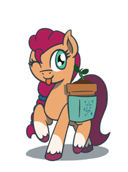 Size: 800x1067 | Tagged: safe, artist:flutterluv, imported from derpibooru, sunny starscout, earth pony, pony, bag, cute, female, g5, mare, one eye closed, plant, potted plant, saddle bag, solo, tongue out