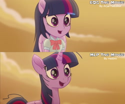 Size: 3725x3120 | Tagged: safe, artist:aryatheeditor, imported from derpibooru, screencap, twilight sparkle, alicorn, equestria girls, my little pony: the movie, bowtie, clothes, comparison, cute, desert, digital art, equestria girls interpretation, excited, female, human and pony, magical geodes, mare, movie, movie accurate, movie reference, open mouth, outfit, ponied up, pony ears, scene interpretation, screencap reference, shirt, twiabetes, twilight sparkle (alicorn), wings