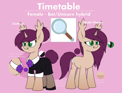 Size: 2772x2116 | Tagged: safe, artist:moonatik, imported from derpibooru, oc, oc only, oc:timetable, bat pony, hybrid, pony, unicorn, bat pony oc, bat wings, clothes, cravat, cutie mark, fangs, gradient hooves, horn, reference sheet, shoes, suggestive description, text, tights, unicorn oc, wings