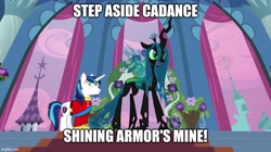 Size: 888x499 | Tagged: safe, artist:thegamerpainter, imported from ponybooru, screencap, queen chrysalis, shining armor, changeling, changeling queen, pony, unicorn, a canterlot wedding, canterlot, caption, duo, female, image macro, implied princess cadance, male, meme, text