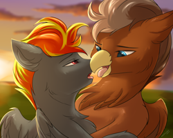 Size: 2000x1600 | Tagged: safe, artist:snowstormbat, imported from derpibooru, oc, oc:digidash, oc:grimvale, griffon, pegasus, pony, bust, cloud, couple, gay, griffon oc, interspecies, kissing, male, portrait, shipping, stallion, sunset, wings