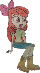 Size: 824x1500 | Tagged: safe, artist:jebens1, artist:therandomone95, imported from derpibooru, apple bloom, equestria girls, apple bloom's bow, boots, bow, clothes, cropped, hair bow, jeans, pants, shirt, shoes, sitting, smiling