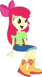 Size: 879x1600 | Tagged: safe, artist:jebens1, artist:therandomone95, imported from derpibooru, apple bloom, equestria girls, adorabloom, apple bloom's bow, belt, boots, bow, clothes, cute, hair bow, jeans, pants, red hair, shirt, shoes, sitting, smiling, solo