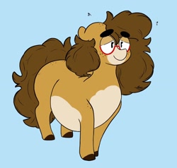 Size: 2048x1952 | Tagged: safe, artist:somefrigginnerd, imported from derpibooru, oc, oc only, oc:pencil test, earth pony, pony, blue background, chubby, earth pony oc, fat, female, floppy ears, glasses, lidded eyes, meme, plewds, redesign this oc, simple background, solo, thick eyebrows