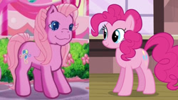 Size: 1280x720 | Tagged: safe, artist:megalobronia, imported from derpibooru, screencap, pinkie pie, pinkie pie (g3), earth pony, pony, a very pony place, positively pink, three's a crowd, comparison, cropped, female, g3, g3 to g4, g4, generation leap, mare, party cake place