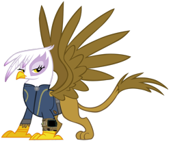 Size: 1024x844 | Tagged: safe, artist:cloudy glow, artist:cloudyglow, artist:ponygamer2020, imported from derpibooru, gilda, griffon, fallout equestria, absurd resolution, clothes, fallout, female, jumpsuit, majestic, pipboy, simple background, solo, spread wings, transparent background, vault suit, vector, wings