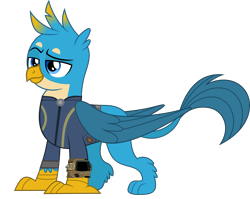Size: 5000x3977 | Tagged: safe, artist:dashiesparkle, artist:ponygamer2020, imported from derpibooru, gallus, griffon, fallout equestria, school daze, absurd resolution, clothes, cute, fallout, gallabetes, happy, jumpsuit, male, pipboy, raised eyebrow, simple background, solo, transparent background, vault suit, vector