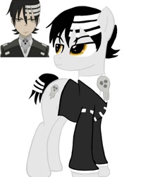 Size: 1080x1350 | Tagged: safe, artist:ponyrefaa, imported from derpibooru, human, pony, bust, duo, looking back, male, ponified, simple background, soul eater, stallion, white background