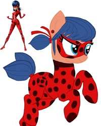 Size: 1080x1350 | Tagged: safe, artist:ponyrefaa, imported from derpibooru, earth pony, human, pony, clothes, costume, duo, female, ladybug (miraculous ladybug), mare, marinette dupain-cheng, mask, miraculous ladybug, ponified, rearing, simple background, white background