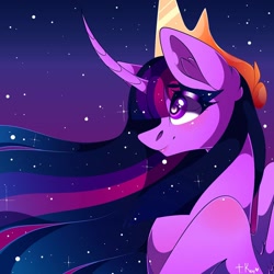 Size: 1080x1080 | Tagged: safe, artist:tessa_key_, imported from derpibooru, twilight sparkle, alicorn, pony, the last problem, bust, crown, curved horn, ear fluff, ethereal mane, eyelashes, female, horn, jewelry, mare, older, older twilight, princess twilight 2.0, regalia, signature, smiling, solo, starry mane, twilight sparkle (alicorn), wings
