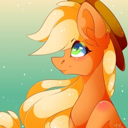 Size: 1080x1079 | Tagged: safe, artist:tessa_key_, imported from derpibooru, applejack, earth pony, pony, ear fluff, eyelashes, female, hat, heart eyes, mare, signature, smiling, solo, wingding eyes