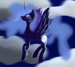 Size: 1400x1250 | Tagged: safe, artist:squirtlesuniverse, imported from derpibooru, nightmare moon, alicorn, pony, cloud, ethereal mane, female, flying, horn, mare, outdoors, solo, starry mane, wings