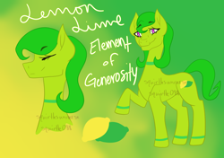 Size: 1700x1200 | Tagged: safe, artist:squirtlesuniverse, imported from derpibooru, oc, oc only, oc:lemon lime, earth pony, pony, abstract background, bust, duo, earth pony oc, eyes closed, female, mare, raised hoof, reference sheet
