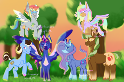 Size: 1800x1200 | Tagged: safe, artist:squirtlesuniverse, imported from derpibooru, applejack, fluttershy, pinkie pie, rainbow dash, rarity, twilight sparkle, alicorn, earth pony, pegasus, pony, unicorn, alternate timeline, female, flying, horn, mane six, mare, outdoors, redesign, spread wings, tree, twilight sparkle (alicorn), wings