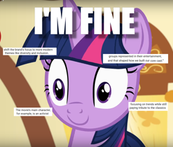 Size: 924x784 | Tagged: safe, edit, edited screencap, imported from derpibooru, screencap, twilight sparkle, pony, unicorn, blank stare, blatant lies, caption, faic, female, image macro, mare, meme, solo, text, this is fine