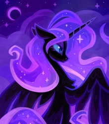 Size: 1080x1230 | Tagged: safe, artist:adreamera, imported from derpibooru, nightmare moon, alicorn, pony, crescent moon, female, mare, moon, night, sitting, solo, spread wings, wings