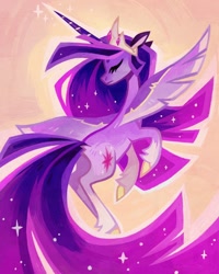 Size: 1080x1350 | Tagged: safe, artist:adreamera, imported from derpibooru, twilight sparkle, alicorn, pony, the last problem, crown, ethereal mane, eyes closed, female, flying, horn, jewelry, mare, older, older twilight, princess twilight 2.0, regalia, solo, sparkles, spread wings, starry mane, twilight sparkle (alicorn), wings