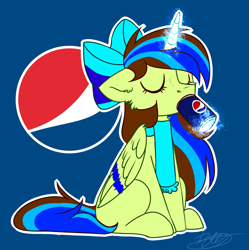 Size: 1733x1741 | Tagged: artist needed, safe, artist:severe acrophobia, imported from derpibooru, oc, oc only, oc:epsi, oc:epsi pep power, alicorn, pony, clothes, cute, drinking, ethanepsc4, female, mare, pepsi, scarf, soda