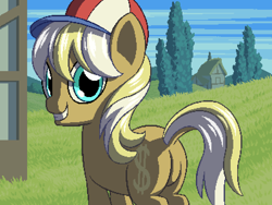 Size: 800x600 | Tagged: safe, artist:rangelost, imported from derpibooru, long shot, earth pony, pony, cyoa:d20 pony, butt, dock, female, grass, hat, house, looking at you, looking back, looking back at you, mare, outdoors, pixel art, plot, ponyville, rear view, sky, solo