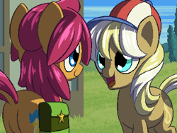 Size: 800x600 | Tagged: safe, artist:rangelost, imported from derpibooru, long shot, oc, oc:trailblazer, earth pony, pony, cyoa:d20 pony, bag, butt, dock, duo, female, grass, house, mare, open mouth, pixel art, plot, ponyville, rear view, saddle bag, sky, talking