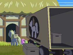 Size: 800x600 | Tagged: safe, artist:rangelost, imported from derpibooru, derpy hooves, merry may, pegasus, pony, cyoa:d20 pony, box, duo, female, grass, house, mare, outdoors, pixel art, sky, wagon