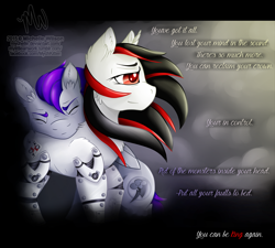 Size: 2000x1800 | Tagged: safe, artist:mychelle, imported from derpibooru, oc, oc:blackjack, oc:morning glory (project horizons), cyborg, fallout equestria, fallout equestria: project horizons, brand, branding, cloud, cloudy, cyberpunk, dashite, dashite brand, eyes closed, fanfic art, gray, inspired by a song, level 1 (project horizons), looking forward, mechanical legs, neck hug, purple mane, sad, text, windswept mane