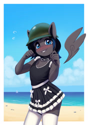 Size: 1500x2128 | Tagged: safe, artist:mrscroup, imported from derpibooru, oc, oc only, oc:boreal bloom, anthro, pegasus, beach, femboy, helmet, male, solo, submissive