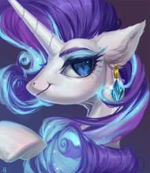 Size: 1400x1603 | Tagged: dead source, safe, artist:makkah, imported from derpibooru, rarity, pony, unicorn, beautiful eyes, blue background, blue eyes, blue eyeshadow, bust, color porn, ear fluff, ear piercing, earring, ethereal mane, eyebrows, eyelashes, eyeshadow, female, floppy ears, gradient mane, horn, jewelry, lidded eyes, looking at you, makeup, mare, multicolored mane, piercing, portrait, raised hoof, signature, simple background, slit pupils, smiling, smiling at you, solo, sparkling mane