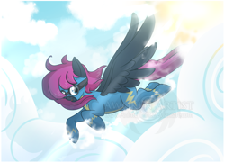 Size: 3256x2352 | Tagged: safe, artist:awokenarts, imported from derpibooru, oc, oc only, oc:neon flare, pegasus, pony, background, clothes, cloud, female, goggles, high res, mare, solo, uniform, wings, wonderbolts uniform