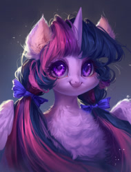 Size: 1000x1316 | Tagged: safe, artist:makkah, imported from derpibooru, twilight sparkle, alicorn, pony, beautiful, bow, bust, chest fluff, cute, ear fluff, female, fluffy, hair bow, mare, pigtails, portrait, simple background, smiling, solo, twiabetes, twilight sparkle (alicorn), twintails