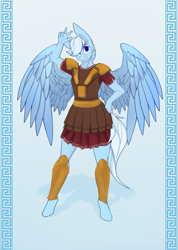 Size: 2700x3800 | Tagged: safe, artist:chapaevv, imported from derpibooru, oc, oc only, oc:swift justice, anthro, pegasus, unguligrade anthro, armor, clothes, colored pupils, eyebrows, eyebrows visible through hair, greek, greek clothes, hand on hip, high res, looking at you, male, male solo, smiling, solo, spread wings, standing, wings