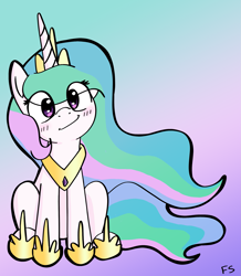 Size: 1885x2160 | Tagged: safe, artist:dark shadow, imported from derpibooru, princess celestia, alicorn, pony, blushing, closed mouth, cute, cutelestia, eye clipping through hair, eyes open, eyes visible through hair, female, gradient background, head tilt, high res, horn, jewelry, looking at you, mare, open eyes, regalia, sitting, smiling, smiling at you, solo, wings
