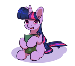 Size: 1700x1500 | Tagged: safe, artist:aquaticvibes, imported from derpibooru, twilight sparkle, pony, unicorn, big horn, book, female, filly, filly twilight sparkle, horn, missing cutie mark, open mouth, simple background, sitting, solo, unicorn twilight, white background, younger