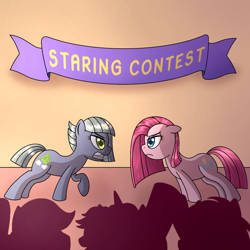 Size: 1000x1000 | Tagged: safe, artist:cappie, imported from derpibooru, limestone pie, pinkie pie, earth pony, pony, angry, background pony, banner, cheering, contest, crowd, female, mare, pinkamena diane pie, siblings, sisters, stare, staring contest