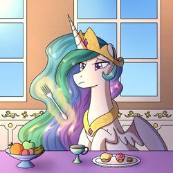 Size: 1000x1000 | Tagged: safe, artist:cappie, imported from derpibooru, princess celestia, pony, bored, breakfast, celestia is not amused, crown, cup, cupcake, food, fork, fruit, herbivore, jewelry, magic, muffin, regalia, solo, table, unamused, window