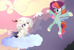 Size: 900x609 | Tagged: safe, artist:magicallightsentryyt, imported from derpibooru, oc, oc only, oc:astral chaotic paw, oc:cloudy storm, hybrid, pegasus, pony, base used, cloud, deviantart watermark, female, interspecies offspring, mare, obtrusive watermark, offspring, parent:discord, parent:fluttershy, parent:rainbow dash, parent:soarin', parents:discoshy, parents:soarindash, watermark