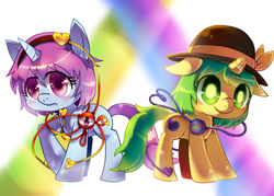 Size: 700x500 | Tagged: safe, artist:sukeyfour, imported from derpibooru, pony, unicorn, broken horn, crossover, duo, female, hat, horn, komeiji koishi, komeiji satori, mare, ponified, siblings, sisters, touhou