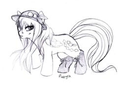 Size: 640x454 | Tagged: safe, artist:puppy12, imported from derpibooru, pony, crossover, female, hat, hinanai tenshi, mare, monochrome, ponified, solo, touhou, traditional art