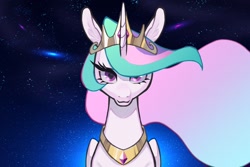 Size: 2048x1365 | Tagged: safe, artist:ikirunosindo, imported from derpibooru, princess celestia, pony, female, jewelry, looking at you, mare, regalia, solo, space