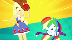 Size: 1280x720 | Tagged: safe, imported from derpibooru, screencap, applejack, rainbow dash, eqg summertime shorts, equestria girls, raise this roof, armpits, bare shoulders, clothes, cowboy hat, cutie mark, cutie mark on clothes, devil horn (gesture), dress, duo, duo female, fall formal outfits, female, fingerless gloves, freckles, gloves, hat, sleeveless, strapless, this means war