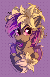 Size: 2853x4356 | Tagged: safe, artist:lilclim, imported from derpibooru, oc, oc only, oc:platinum wing, bat pony, fluffy pony, pony, abstract background, background, big eyes, bust, chest fluff, colored, cute, digital art, eyes open, female, flat colors, flower, fluffy, high res, lilies, lily (flower), lineart, mare, open eyes, portrait, smiling, solo, wings