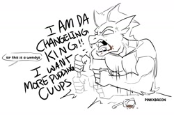 Size: 1545x1017 | Tagged: safe, artist:redxbacon, imported from derpibooru, oc, oc only, oc:villainshima, anthro, changeling, angry, banging, changeling oc, clothes, dialogue, explicit source, fangs, food, joke, male, meme, monochrome, muscles, offscreen character, open mouth, pudding, shirt, simple background, sketch, solo, speech bubble, t-shirt, table, tantrum, white background