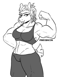 Size: 845x1083 | Tagged: safe, artist:redxbacon, imported from derpibooru, oc, oc only, oc:beatrice, anthro, earth pony, female, flex, flexing, monochrome, muscles, muscular female, muscular mare, solo, strong