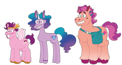 Size: 960x512 | Tagged: artist needed, source needed, safe, artist:zaturn7z, imported from derpibooru, izzy moonbow, pipp petals, sunny starscout, earth pony, pegasus, pony, unicorn, bean mouth, beanbrows, blush sticker, blushing, bracelet, calarts, calarts smile, colored hooves, colored horn, colored wings, female, g5, hilarious in hindsight, horn, jewelry, mare, shoulder bag, simple background, smiling, transparent background, unshorn fetlocks, wat, wings