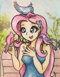 Size: 630x808 | Tagged: safe, artist:astevenamedwolf, imported from derpibooru, fluttershy, bird, cardinal, equestria girls, equestria girls series, bare shoulders, butterfly hairpin, chickadee (bird), clothes, cute, dress, female, happy, open mouth, shyabetes, sleeveless, smiling, traditional art
