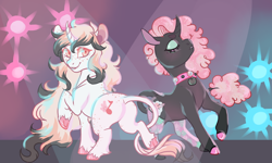 Size: 1000x600 | Tagged: safe, artist:lavvythejackalope, imported from derpibooru, oc, oc only, pony, unicorn, collar, colored hooves, duo, horn, leonine tail, looking back, raised hoof, smiling, unicorn oc